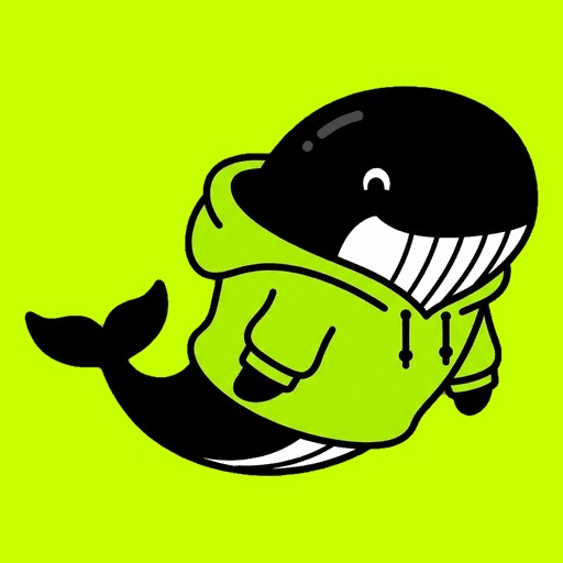 Whale Hood mascot: a black whale in a lime hoodie